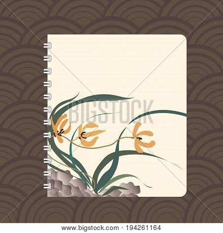 Notebook cover design with the image of hand-drawing illustration. Wild orchid growing on stones. Traditional Chinese painting, Japanese art sumi-e, vector stylization