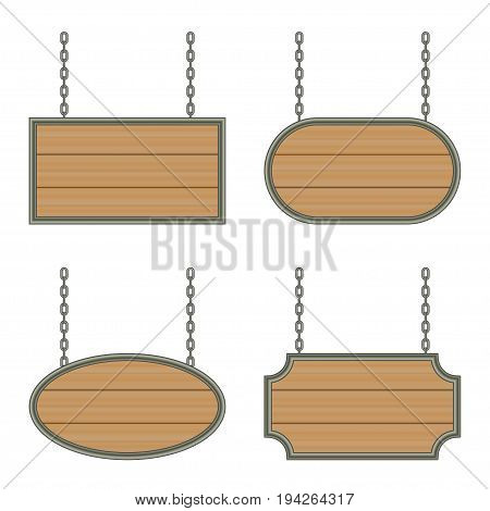 wooden sign with iron frame on the chains. vector isolated