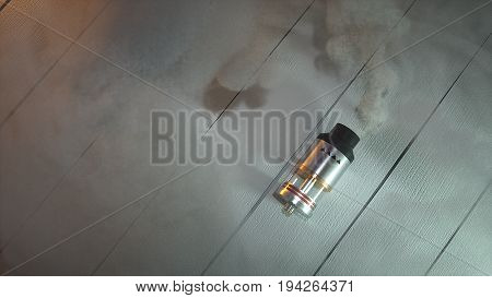 Rebuildable dripping atomizer in vape clouds. 3d illustration