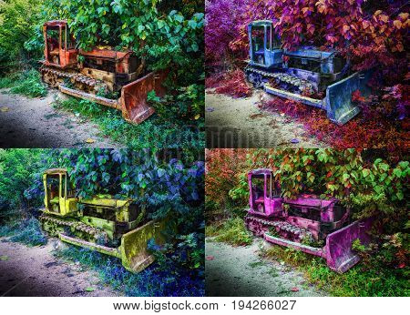 Set of four 4 in 1 hue images of old fashion antique worn rusted construction full track crawler tractors among trees. Red pink blue yellow machine crawler tractor blade vehicle. Abstract background