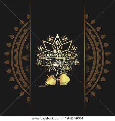 Krishna Janmashtami gold logo design on black background. Greeting card for celebrating Krishnas birthday. Vector illustration