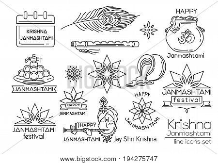 Happy Krishna Janmashtami. Line icons set. Indian festival of janmashtami celebration. Vector illustration
