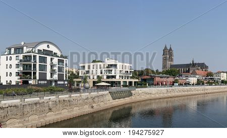 MAGDEBURG, GERMANY - SEPTEMBER 01, 2016: Panorama of the City of Magdeburg with the Banks of the River Elbe. In the Background is the Magdeburg Cathedral