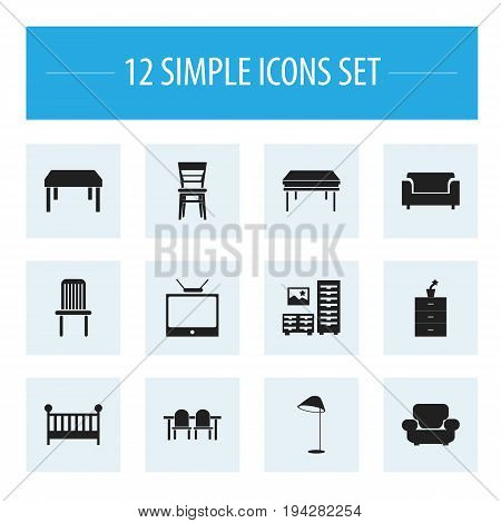Set Of 12 Editable Furnishings Icons. Includes Symbols Such As Plant Pot, Seat, Trestle And More. Can Be Used For Web, Mobile, UI And Infographic Design.