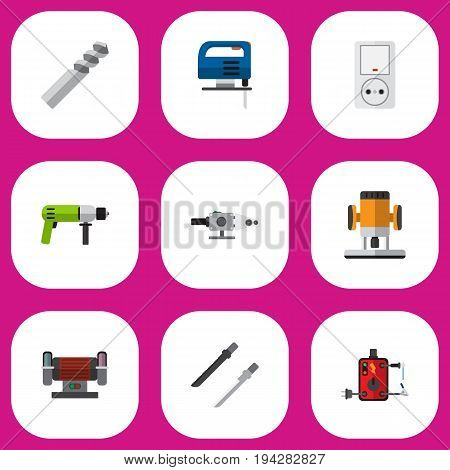 Set Of 9 Editable Electric Icons. Includes Symbols Such As Fretsaw, Jig Saw, Auger And More. Can Be Used For Web, Mobile, UI And Infographic Design.