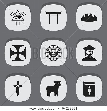 Set Of 9 Editable Religion Icons. Includes Symbols Such As Sacrifice Sheep, Shinto, Poniard And More. Can Be Used For Web, Mobile, UI And Infographic Design.