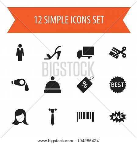 Set Of 12 Editable Business Icons. Includes Symbols Such As Badge, Heel Cothurnus, Striped And More. Can Be Used For Web, Mobile, UI And Infographic Design.
