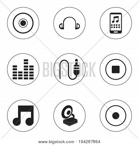 Set Of 9 Editable Audio Icons. Includes Symbols Such As Earpiece, Musical Symbol, Phonograph And More. Can Be Used For Web, Mobile, UI And Infographic Design.