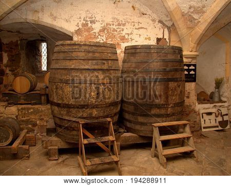 Barrels in a medieval wine and beer cellar