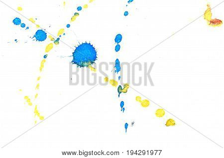 Abstract two-color yellow blue ink splash. Ink blots. Elements of design. The water-soluble ink on white paper Leste. Abstract art