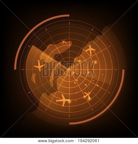 Orange radar screen with airplane and map, stock vector