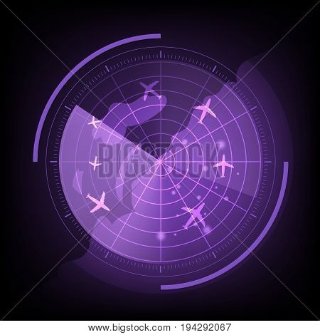Purple radar screen with airplane and map, stock vector