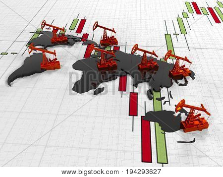 3d render Gold Pumpjack oil on the background of the oil in the circuit continents on quoted stock exchange