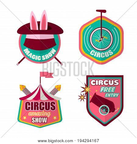 Circus logo templates set of magician hat with rabbit, equilibrist unicycle bicycle, cannon and tent marquee. Vector isolated flat icons for amazing magic show performance