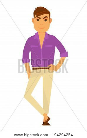 Man fashion model wearing trendy or casual style clothes of shirt and trousers with shoes and modern haircut. Vector flat isolated icon of male catwalk pose