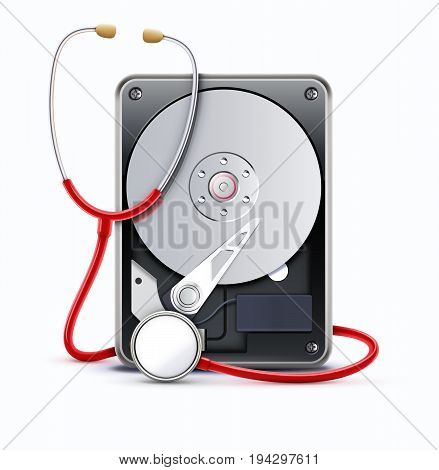 Vector illustration of computer repairs and digital data recovery concept with a stethoscope scanning for lost information on a hard drive disc isolated on white background