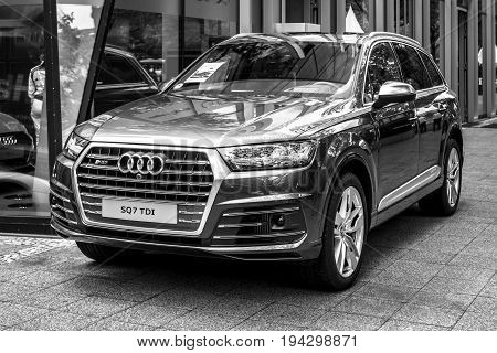 BERLIN - JUNE 17 2017: Full-size luxury crossover SUV Audi SQ7 TDI produced since 2016. Black and white. Classic Days Berlin 2017.
