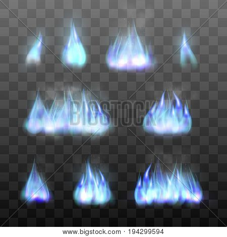 Set effects of blue fire. Realistic flame of gas. Mystic fiery effects. Collection of blazing bonfires graphic design element. Vector illustration of fire isolated on black transparent background