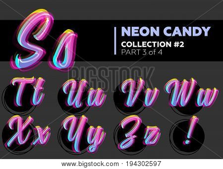 Vector Neon Character Typeset. Glowing Letters on Dark Background. Glitch Effect. Shining Candy Alphabet. Hand Drawn Retro Font for Summer Poster Night Club Banner Sale Banner.