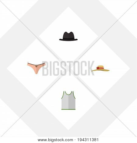 Flat Icon Garment Set Of Panama, Lingerie, Elegant Headgear And Other Vector Objects. Also Includes Sleeveless, Fedora, Lingerie Elements.