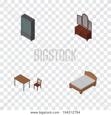 Isometric Design Set Of Sideboard, Chair, Drawer And Other Vector Objects. Also Includes Cabinet, Bedstead, Cupboard Elements.