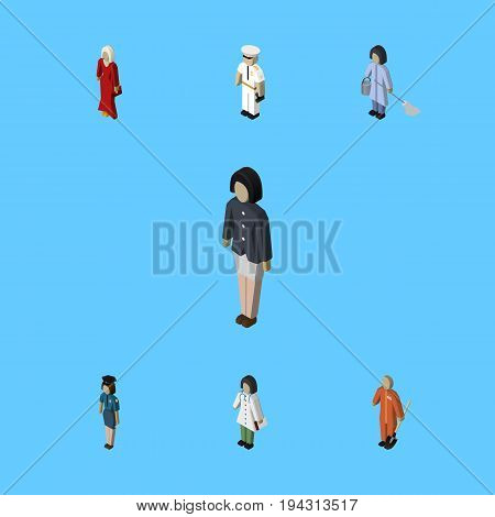Isometric People Set Of Housemaid, Cleaner, Policewoman And Other Vector Objects. Also Includes Woman, Female, Policewoman Elements.
