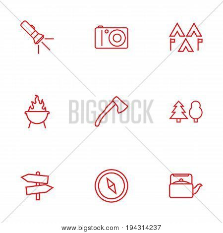 Set Of 9 Outdoor Outline Icons Set.Collection Of Encampment, Grill, Teapot And Other Elements.
