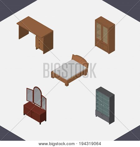 Isometric Design Set Of Drawer, Bedstead, Table And Other Vector Objects. Also Includes Bed, Cabinet, Sideboard Elements.