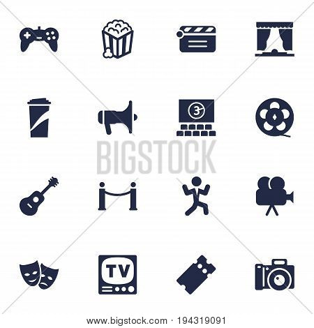 Set Of 16 Pleasure Icons Set.Collection Of Pass, Photography, Hall And Other Elements.