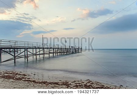The Black Sea Shore From Albena, Bulgaria With Golden Sands, Sun, Blue Mystic Water, Seaside Bridge