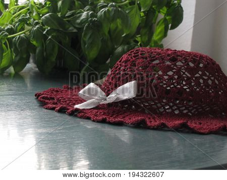 red hat crochet green  nature summer background