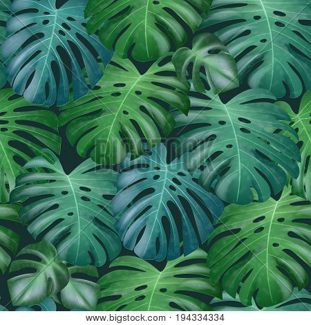 Seamless vector tropical pattern with green monstera palm leaves on dark background. Exotic hawaiian fabric design