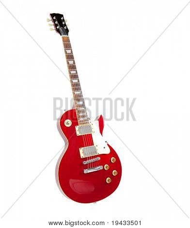 Vintage röd elektrisk fast kropp gitarr, stående. Isolerade på vitt.