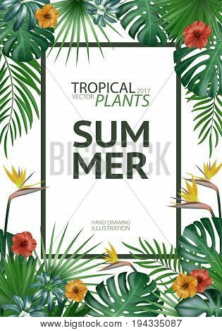 Tropical palm leaves background. Invitation or cover or poster design with jungle leaves and flowers. Vector illustration in trendy style