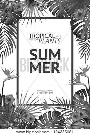 Tropical palm leaves background. Invitation or cover or poster design with jungle leaves and flowers. Vector illustration in trendy style. One color print