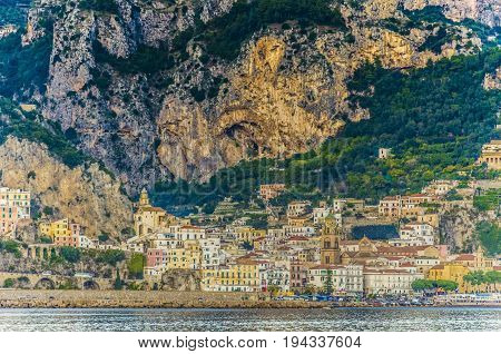 View from the sea of an Italian village on the Amalfi Coast Positano.