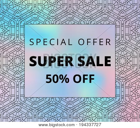 Holography design. Retro graphic. Sale template ornament. Avant-garde background. Vintage wallpaper. Abstract illustration. Graphic pattern. Hipster print. Futuristic art. Geometry backdrop. Vector.