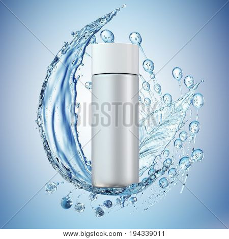 Cream bottle mock up in water splash on blue background. 3D illustration