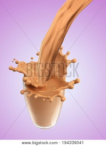 Splash of chocolate milk from the glass .Pink background. 3d rendering