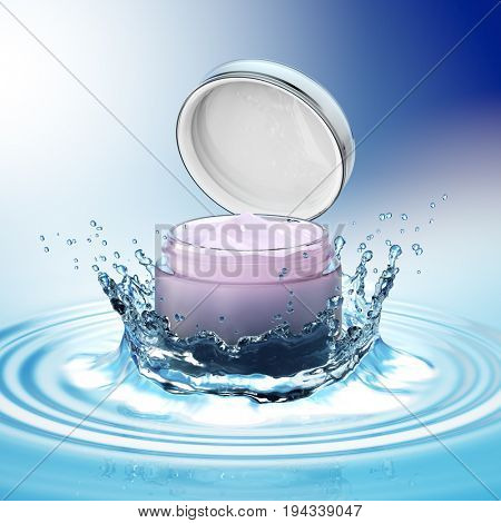 Cream bottle mock up in water splash on blue background. 3D illustration