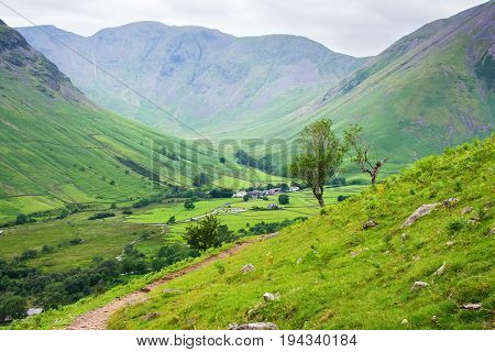 Views of the mountains on the path to Scafell pike, , Lake District National Park, England, selective focus