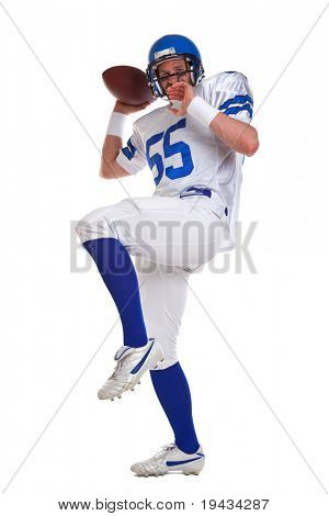 Foto di un giocatore di football americano, tagliato su uno sfondo bianco.