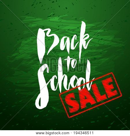 Text back to school - hand drawn lettering with chalk on green blackboard. Big sale banner with red stamp. Vector illustration stock vector.
