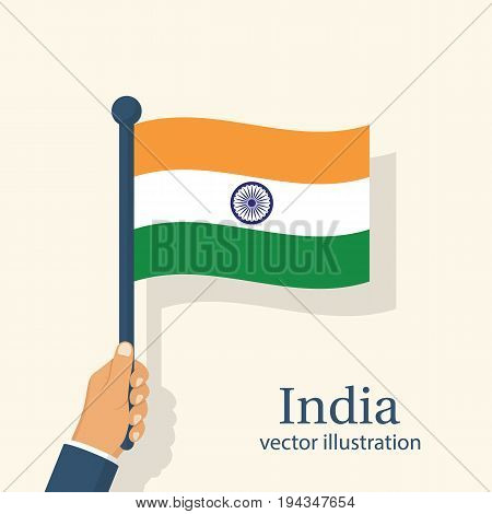 Patriot man holds the flag of India in hands. Template for the design of national celebrations and events. Pride of  country is symbol of independence and freedom. Three-color flag orange white green.