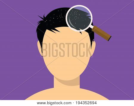 human male face white dot dandruff with magnifying glass vector