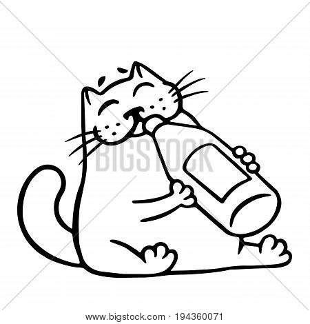 Cute cat drinks lemonade. Funny cartoon cool character. Contour freehand digital drawing. White color background. Cheerful pet for web. Isolated vector illustration.
