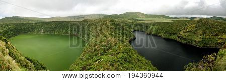 Aerial view to Comprida and Negra lakes Flores island in Azores. Portugal