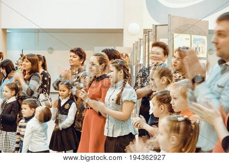 Udomlya City, Russia - 25 December 2015: Opening of the exhibition of children's drawings.