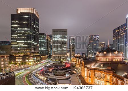 Tokyo Japan at the Marunouchi business district and Tokyo Station.