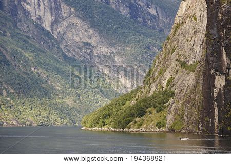 Norwegian fjord rocky landscape. Hellesylt Geiranger travel route. Tourism
